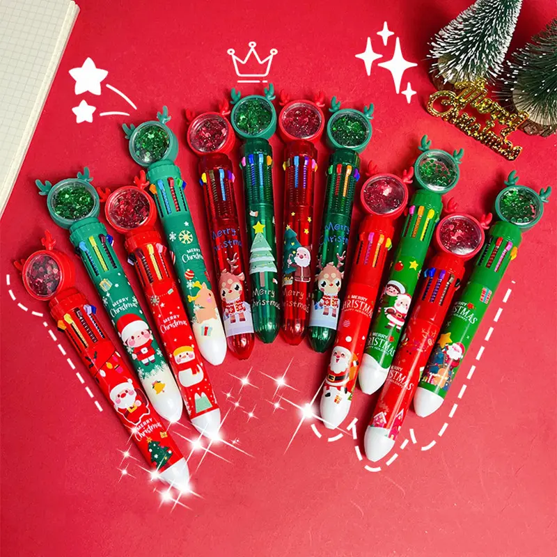 Christmas Glitter 10 Color Ballpoint Pen Antler Shape Santa Claus Press Colored Ballpoint Pen Christmas Gift