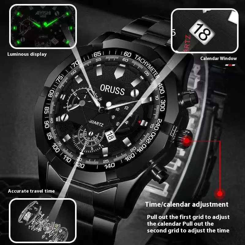 Jam Tangan Kuarza, Reka Bentuk Jenama Swiss, Fungsi Berbilang, Pemasa Bermata Tiga, Kalis Air, Paparan Lampu Malam, Sesuai untuk Lelaki Perniagaan, Termasuk Kotak Hadiah Indah dan Jarum Pelarasan, Jualan Panas pada tahun 2025