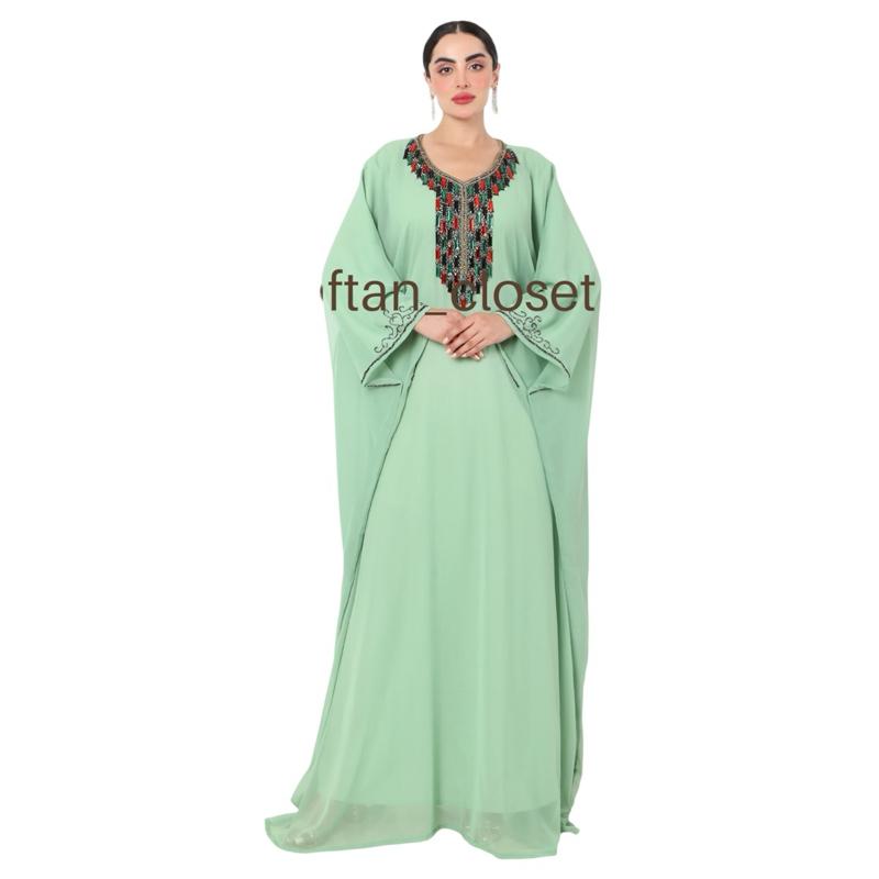 Kaftan Closet SG- Marbella available pistachio green, black & taupe with a fusion contrast style stonework handbeaded custom made kaftan. 2