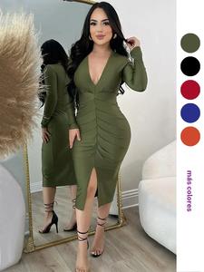 Vestido de mujer liso con escote en V profundo, elegante y casual de manga larga para uso diario y al aire libre, vestido para todas las estaciones