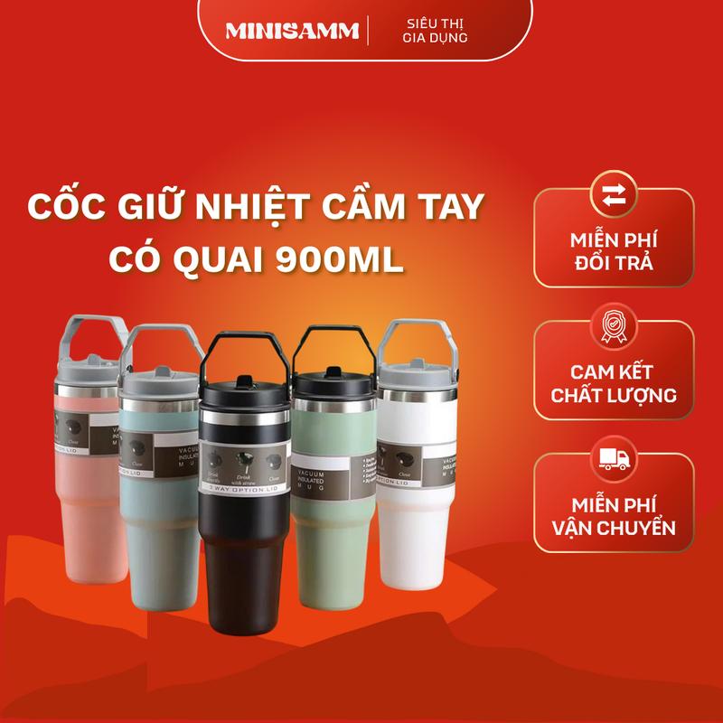  Cốc Giữ Nhiệt Cầm Tay Có Quai Xách 900ml Kèm Ống Hút Tiện Lợi Lõi Inox 316 Chống Gỉ 