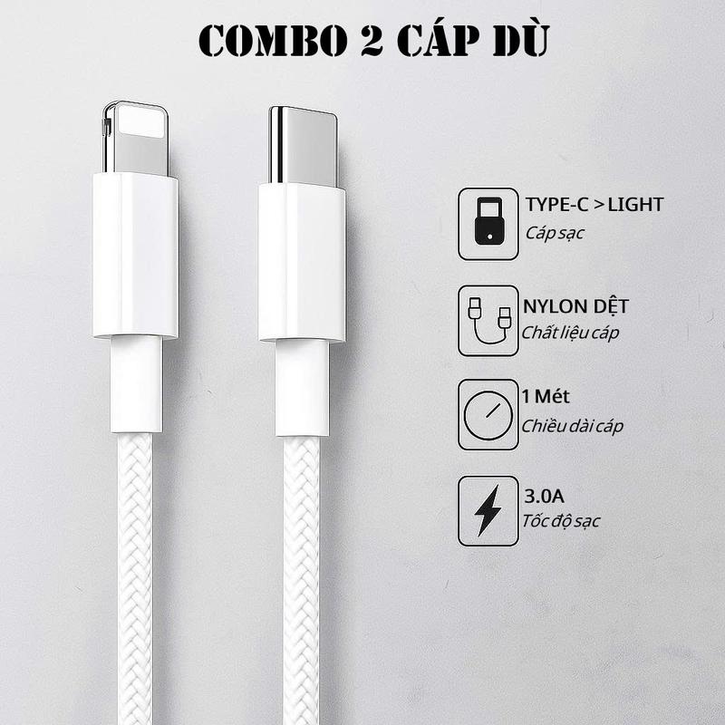 (COMBO 2 CÁP) Sạc nhanh PD20W Chíp C94 bọc dù TypeC To L 1met sạc nhanh iPhone 8-14prm Phụ Kiện Sạc Điện Thoại iphone Usb capsacnhanh 20w