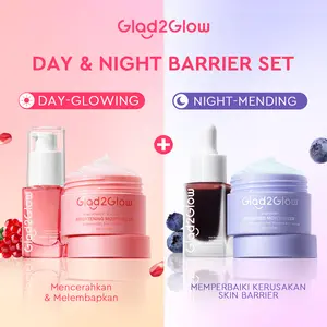 Glad2Glow Day&Night Barrier Bundle 4in1 - 4 PCS  Skincare Paket-Blueberry Ceramide Moisturizer+Peeling Solution +Brightening Moisturizer+Brightening serum-Perbaikan Barrier Kulit Cerah Alami Cepat Mengecilkan Pori Meratakan Tekstur Kulit G2G