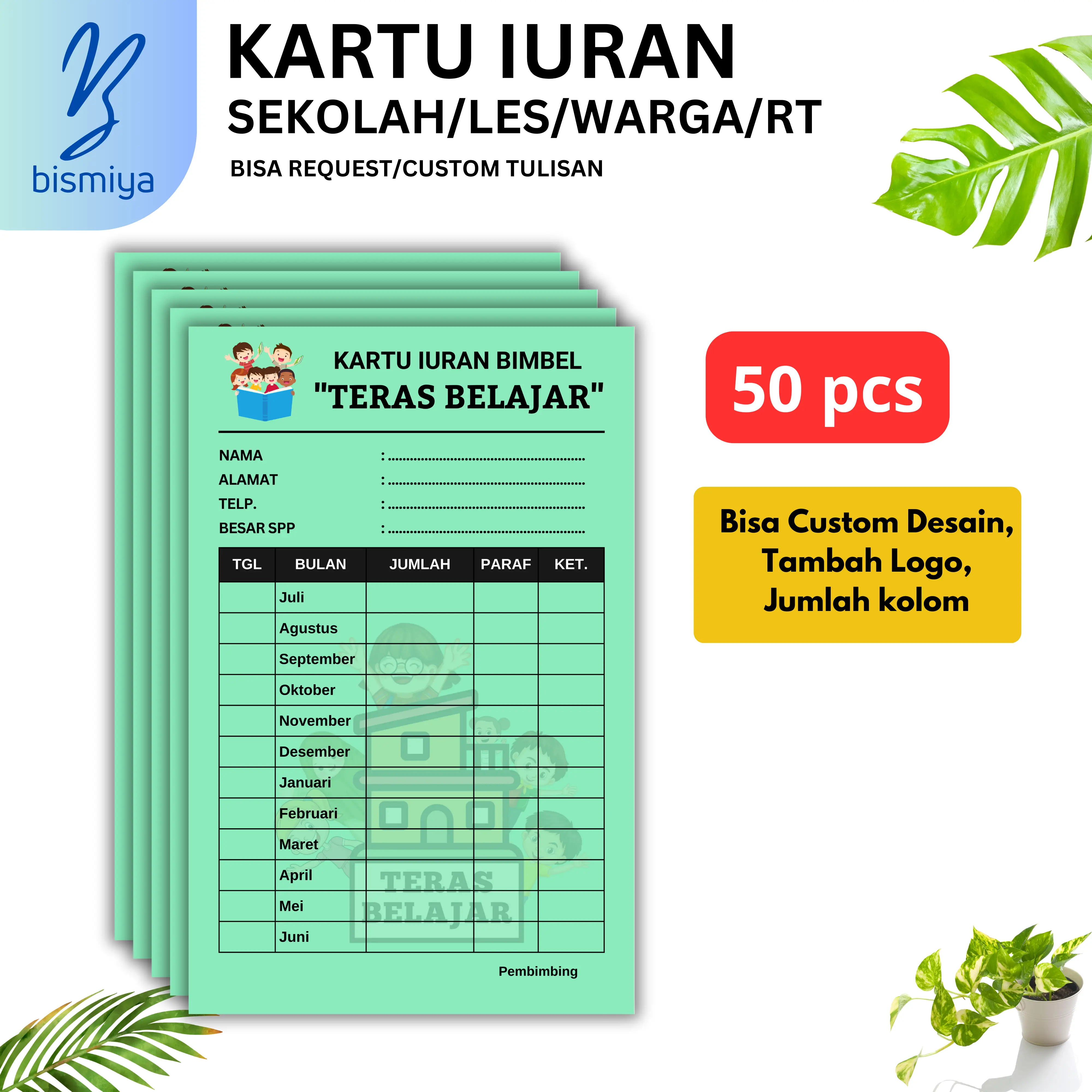 50pcs KARTU IURAN RT, Kartu SPP, Absesnsi, Kartu Iuran custom - iuran ngaji / KARTU IURAN CUSTOM/WATERMARK/SPP/INFAQ/SYAHRIYAH/IURAN BULAN/IURAN RT/RW/SAMPAH DLL