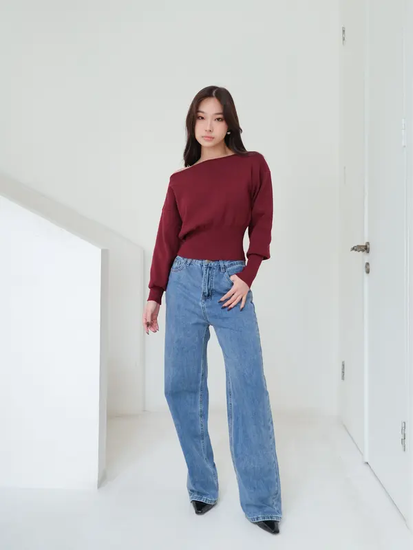 Kiyorawears - Yuki Knit Long Sleeve Top / One Shoulder Wanita / Sweater Knit / Atasan Wanita Kekinian / Atasan Rajut / Blouse Lengan Panjang / Blouse Wanita / Off Shoulder Top / Atasan Basic Rajut / Korean Style 4