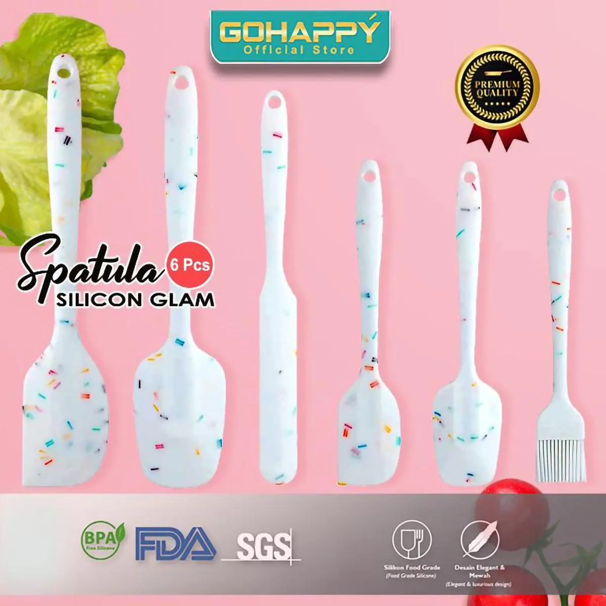 [FLASHSALE] Spatula set Glam silicone 2027 sendok masak tuner 6pcs heat resistant (Tebal & Kuat) kuas  makanan  Peralatan Pink