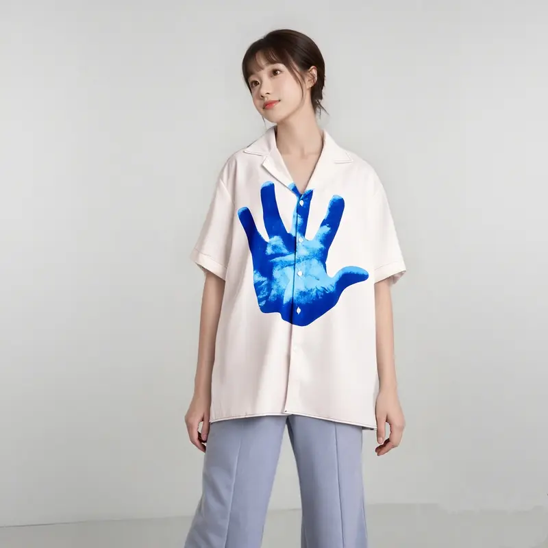 Fashion New Summer Men and Women Blue Handprint Print Hawaiian White Shirt Street Personality Clothes Loose Short Sleeve Casual Party Beach Shirts Kaos Pendek Pria Dark 1