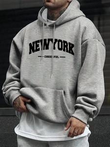 HOOD ASH メンズ厚手暖かいパーカー ドローストリング付きデザイン、リブニット手首と裾、NYCプリント、カジュアルなゆったりフィットでデイリーウェアに最適