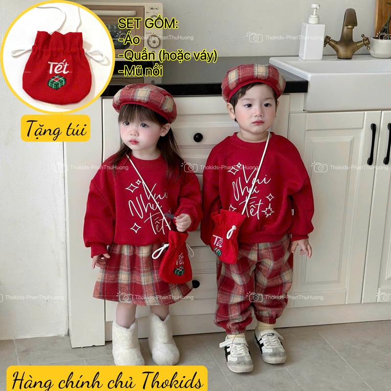Thokids-Hàng L1 TẶNG TÚI+MŨ NỒI Bộ Tết Áo Nỉ 2Da Quần Váy Dạ Dành Cho Bé Trai Bé Gái Tù 9-30kg VNT666
