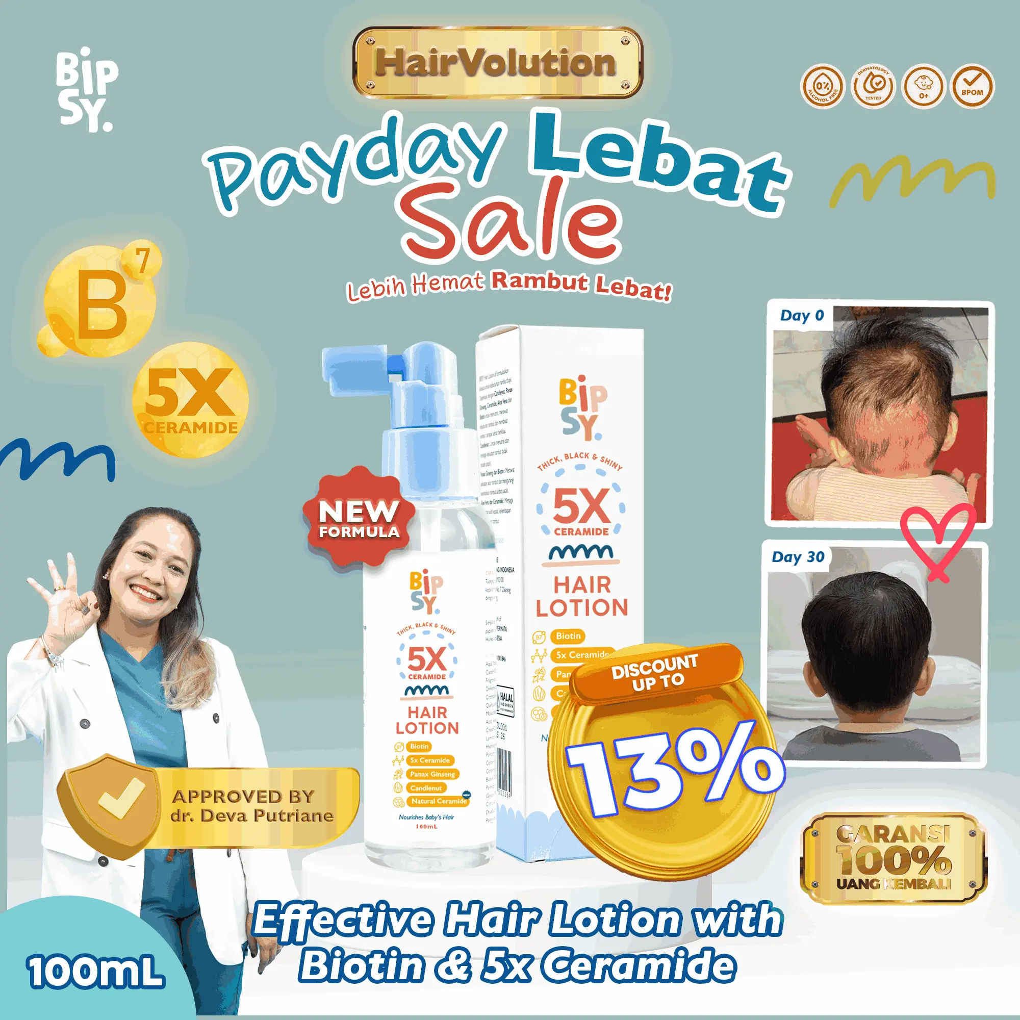BIPSY HAIR LOTION 5X CERAMIDE 100ml [FREE ONGKIR] - Menutrisi Rambut Bayi - Penumbuh & Penebal Rambut Bayi