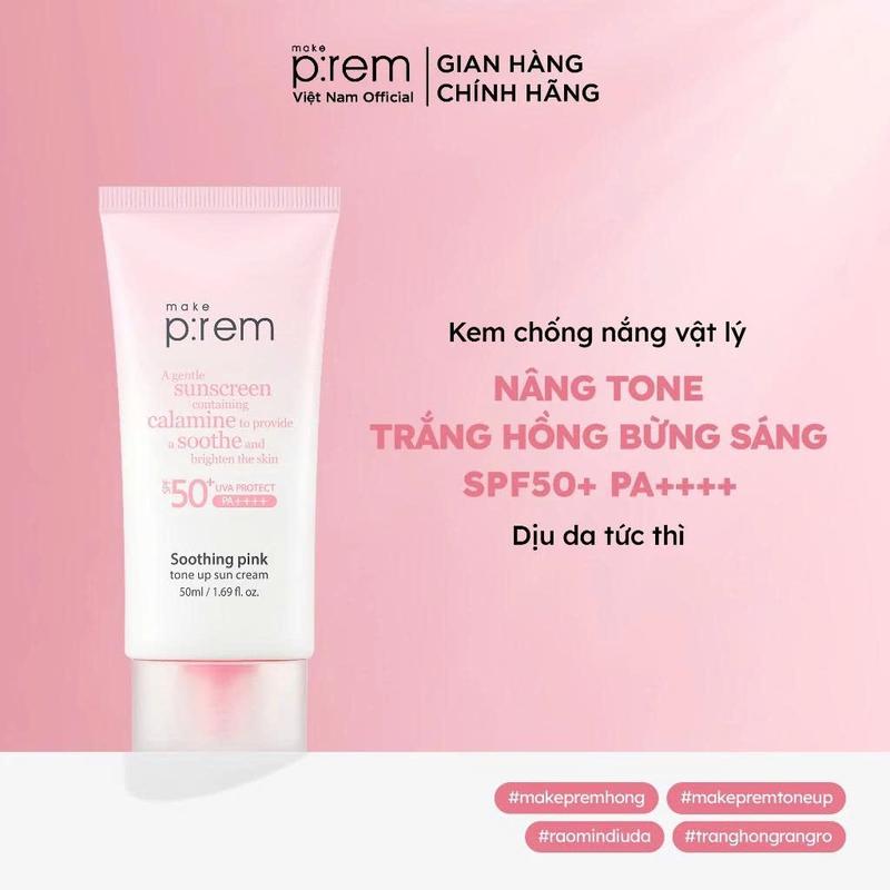   LIVE  Make P:rem Kem Chống Nắng Vật Lý Cải Tiến Mới Soothing Pink Tone Up Sun Cream Nâng Tone  SPF 50+ PA++++ 50ml 
