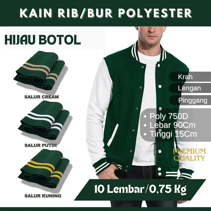 Kain rib bur poliester premium hijau botol premium jaket varsity hoodie sweater jogger tebal 1x1 dan 2x2 rib jaket Polyester Custom Motif Lembut Rajut 0