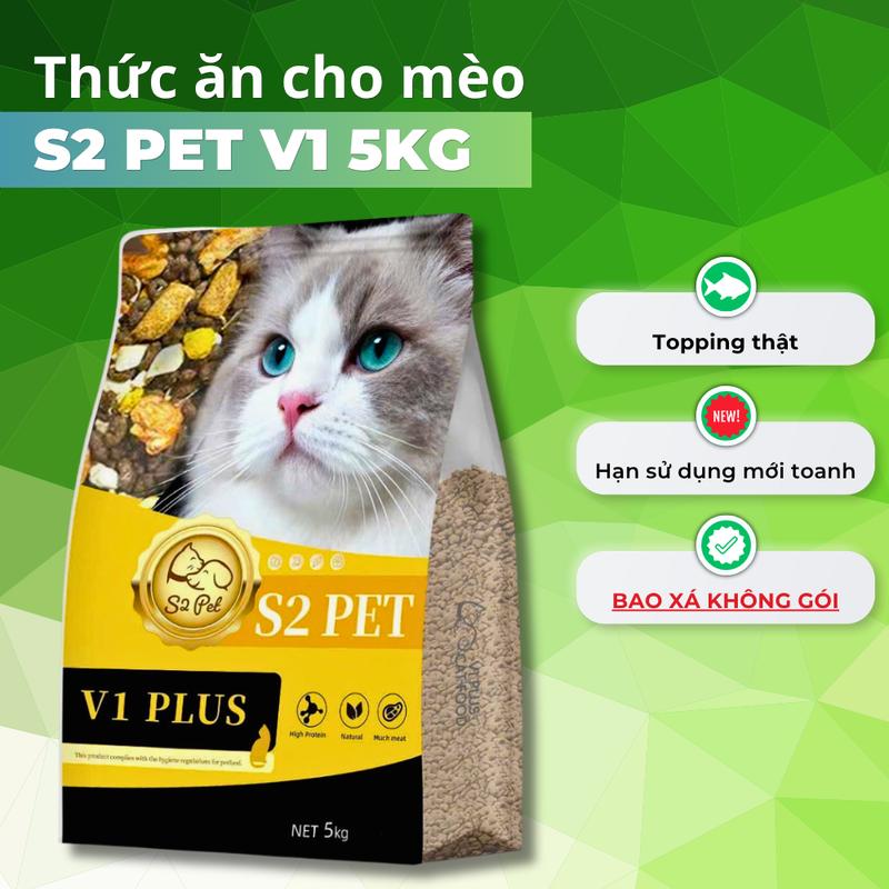 Hạt cho mèo S2 PET V1 5KG - Thức ăn cho mèo siêu topping 32% đạm, thịt sấy giàu…