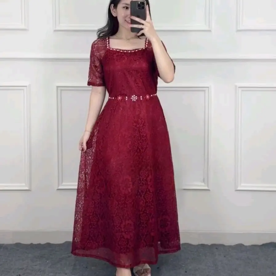 Dress CAREN Brokat Premium Kombinasi Satin Valvet dengan Mutiara Tembak - Ukuran M, L, XL