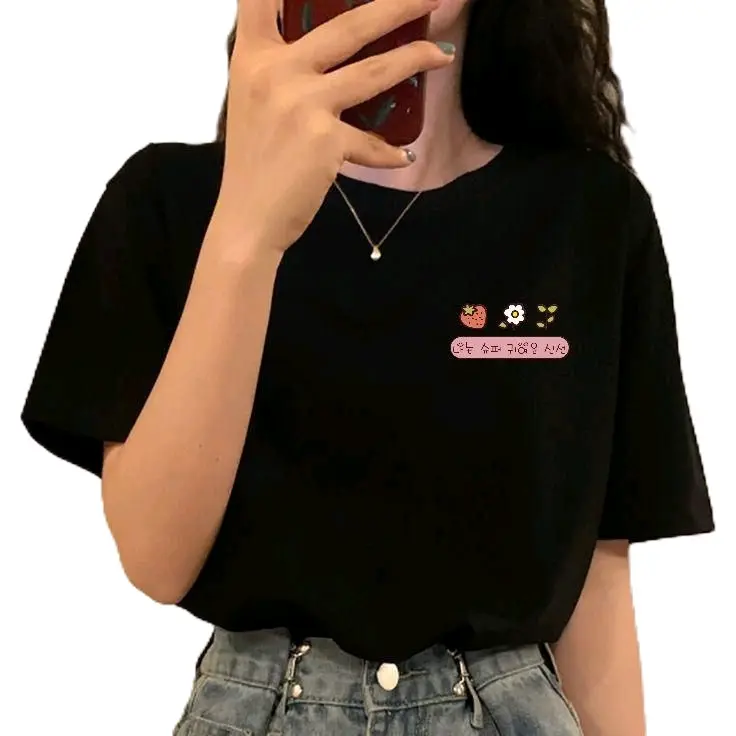 Kaos T-shirt wanita kaos distro basic wanita kaos oblong santai korea cewek|logo strawberry Atasan Pendek Polos Hitam Katun Lembut