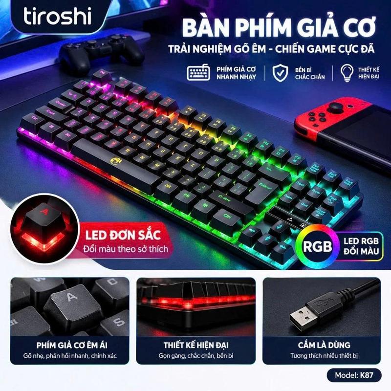 Bàn phím giả cơ có dây K87 Led RGB đổi màu led đơn, 9 hiệu ứng led rgb