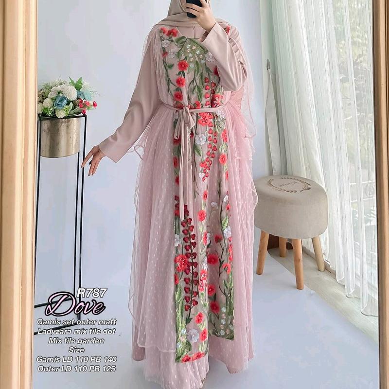 Ribyka R787 (2in1) gamis set outer matt Ladyzr Mix Tile dot Mix Tile garden 3