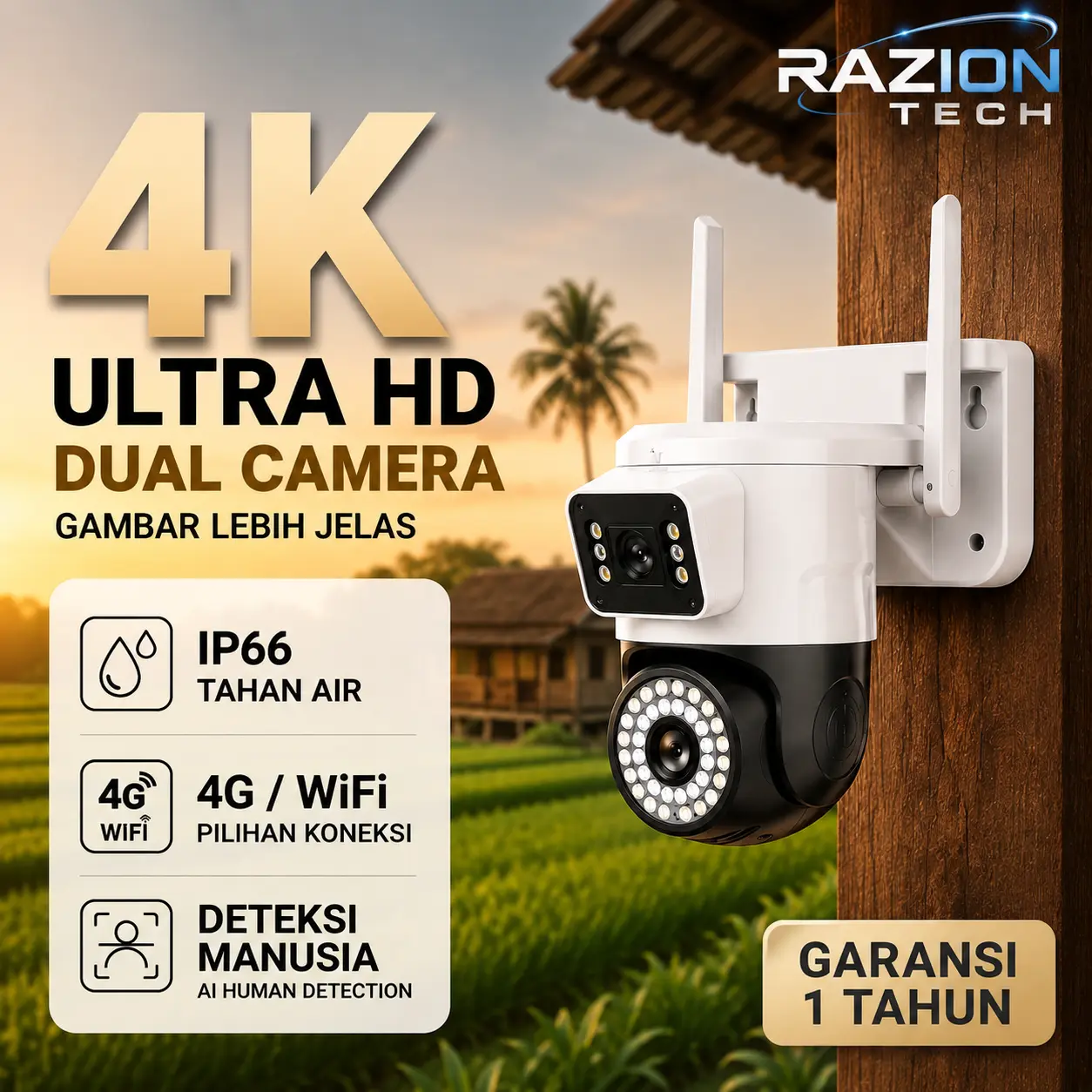 RAZION CCTV Outdoor Dual Lens YOOSEE Cctv Wifi 4G 360 Pt z Ai Deteksi Manusia Night Vision Two Way Audio CA36YB Camera