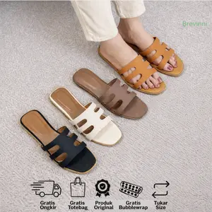Brevinni Irish Sandal Flat Wanita Premium Alas Kaki Empuk Nyaman Anti Slip Sendal Slides Black Beige Khaki Gray Size 35-41 Garansi Tukar Size Gratis Ongkir Totebag Produk Original