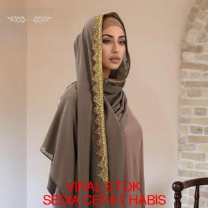 Hijab Chiffon Panjang dengan Tepi Mahkota Emas Viral Bawal Premium Cotton Voile Curve Ruffle Printed Ibu & Shawl Sulaman Itali Jilbab Square Hijab Songket Rayar Diamond White Termasuk Klip Pengikat untuk Dewasa, Remaja, dan Kanak-kanak