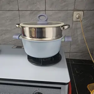 RIVER LIGHT - Panci Kaldu Kukus Keramik Baby Biru Anti Lengket Dengan Penutup RUBBER FOODGRADE Silikon Tahan Uap Diameter 24CM - Kitchenware Cooker