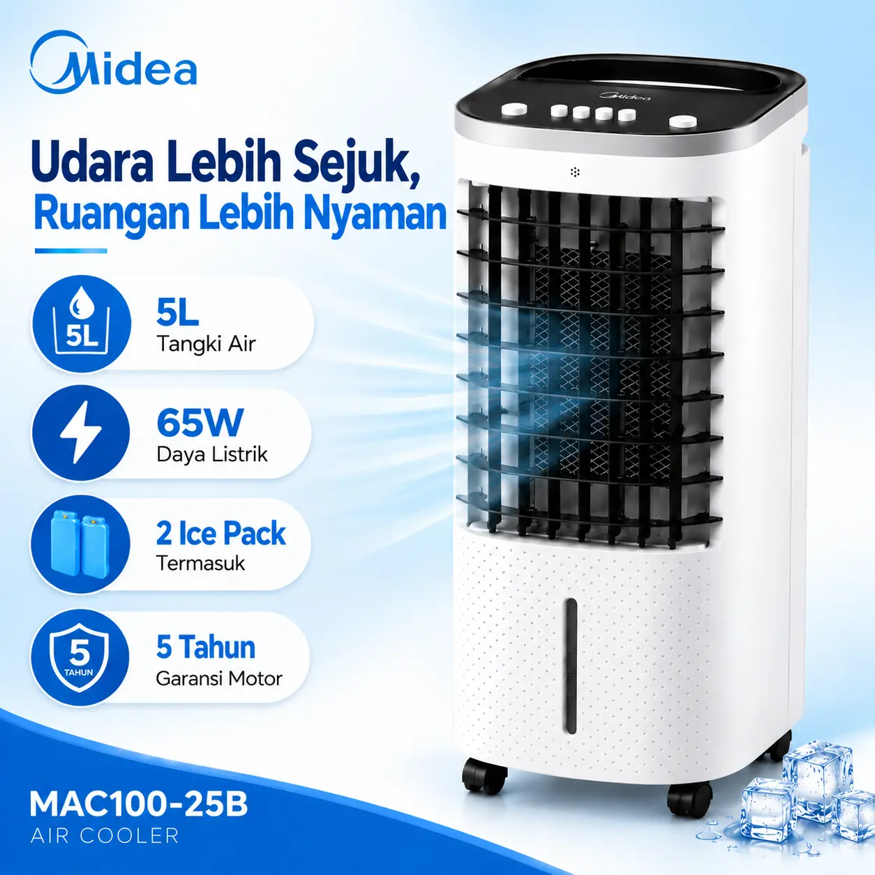 Midea Air Cooler AC100-25B 5L dengan Pendingin Multifungsi 3 Level Adjustable Hemat Energi 65W Produk Baru