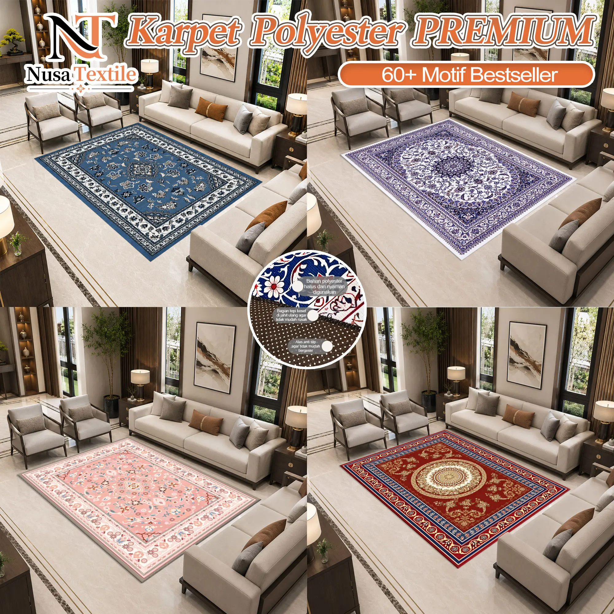 Karpet Polyester Premium UK 120x180CM Anti Slip Motif Mewah Minimalis dan Elegan