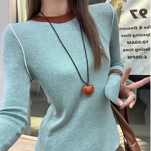 Women's Round Neck Colorblock Knit Sweater, Fall Winter New Style Fitted Casual Top, Inner Layer Pullover for Women 8529 Knitwear Womenswear Longsleeve Basic Crewneck Minimalist Lingerie Knitting