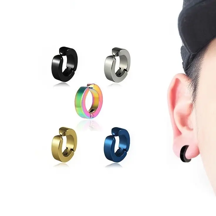 1 Pasang Anting Jepit Pria Wanita. Tanpa tindik. Elegan. Stainless Silver Hitam Rainbow Gold Earrings