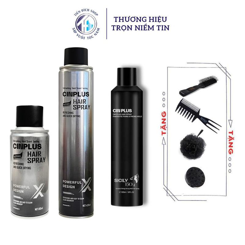  Gôm xịt tóc CINPLUS giữ nếp tạo kiểu nam nữ 150ml   300ml   420ml chính hãng CIN PLUS + Tặng lược gội đầu lược chaoba lược texture bông tắm than tre 