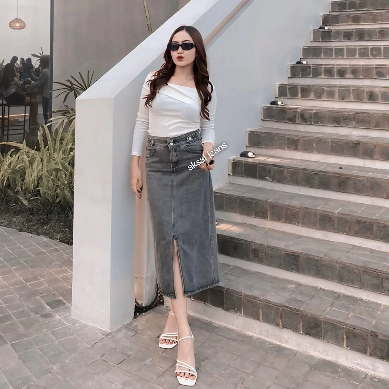 Rok Highwaist Midi Skirt Stretch Jeans Wanita Belah Depan Terbaru Aksal Jeans