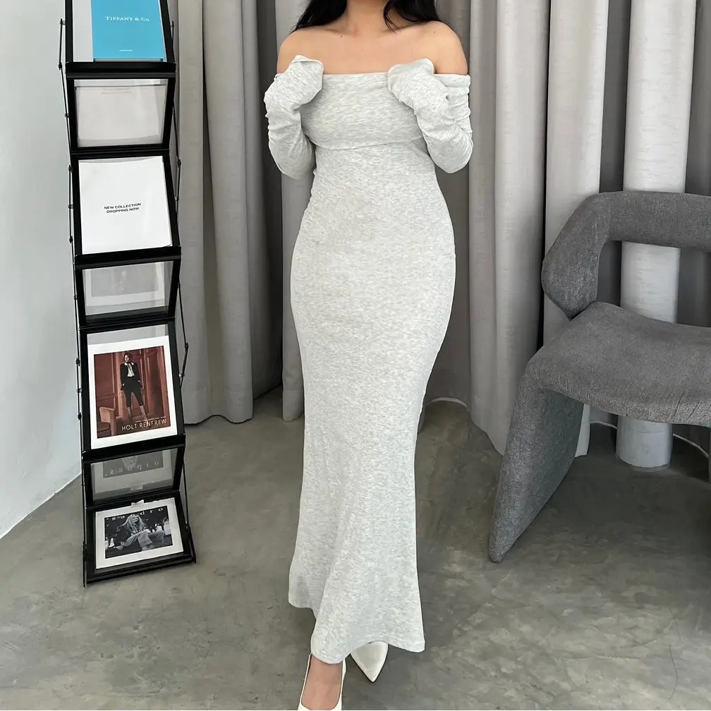 ￼GWENY DRESS | SABRINA BODYCON OFF SHOULDER KNIT LONG TERUSAN LENGAN PANJANG WANITA KOREAN PREMIUM Rib