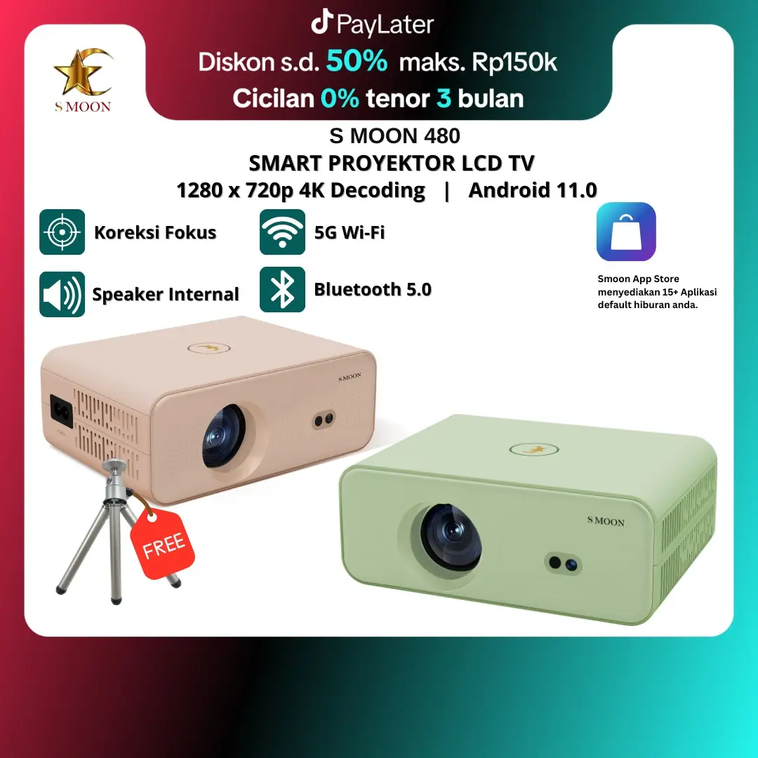 SMOON380 PINK SMART PROYEKTOR LCD TV - FREE TRIPOD - GOOGLE STORE - ANDROID - NETFLIX - YOUTUBE - WIFI -  380ANSI - INTERNET - 720P