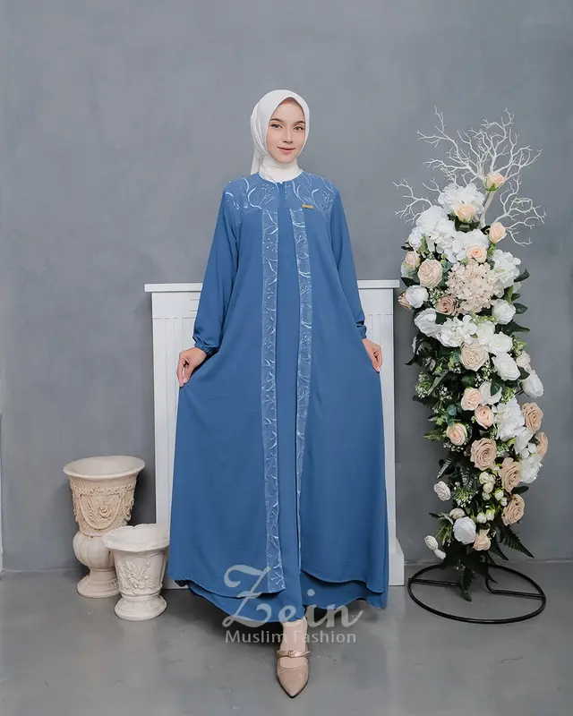 Gamis Mix Brukat Crinkle Airflow Premium Baju Dress Wanita Muslim Dewasa Remaja Kondangan Elegan Mewah Syar'i Terbaru Viral Kekinian Biru Hitam Mutiara Panjang Layer Simple 2