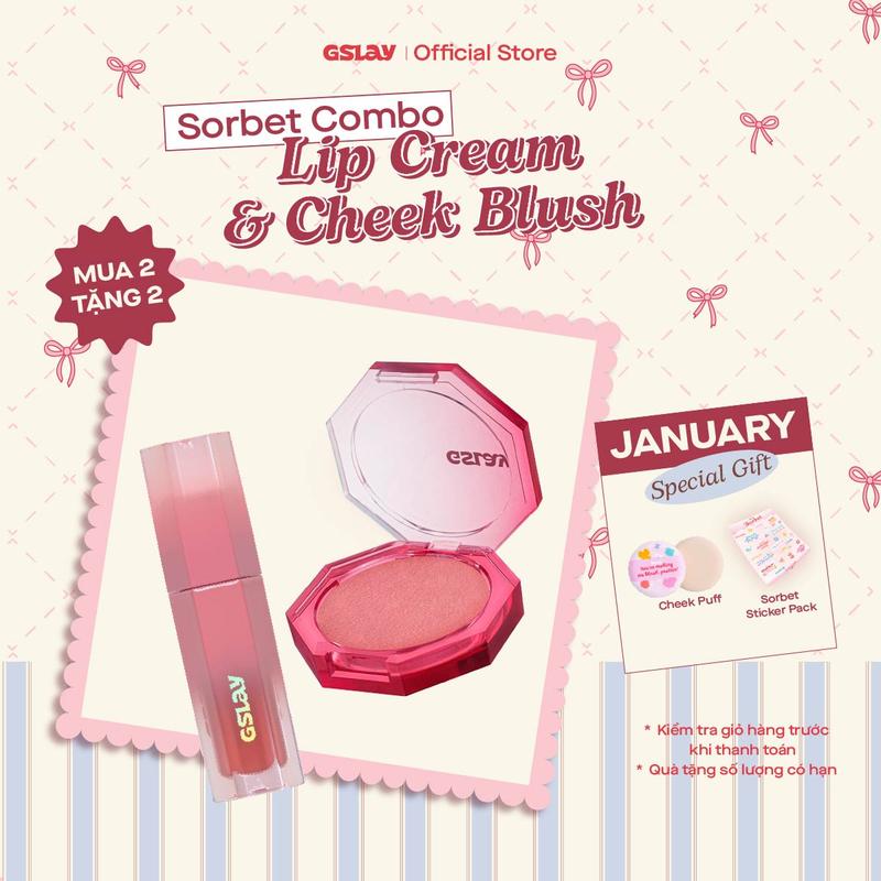 Combo GSLAY Sorbet Má hồng kem hóa phấn mịn lì nhũ dễ tán bền màu 5gr và Son kem thuần chay che phủ rãnh môi giữ màu lâu trôi 4gr