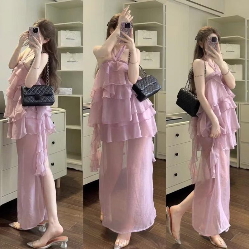 Mã B61 Set TKCC áo babydoll cổ yếm voan hồng bèo tầng tua rua & cv xẻ tà