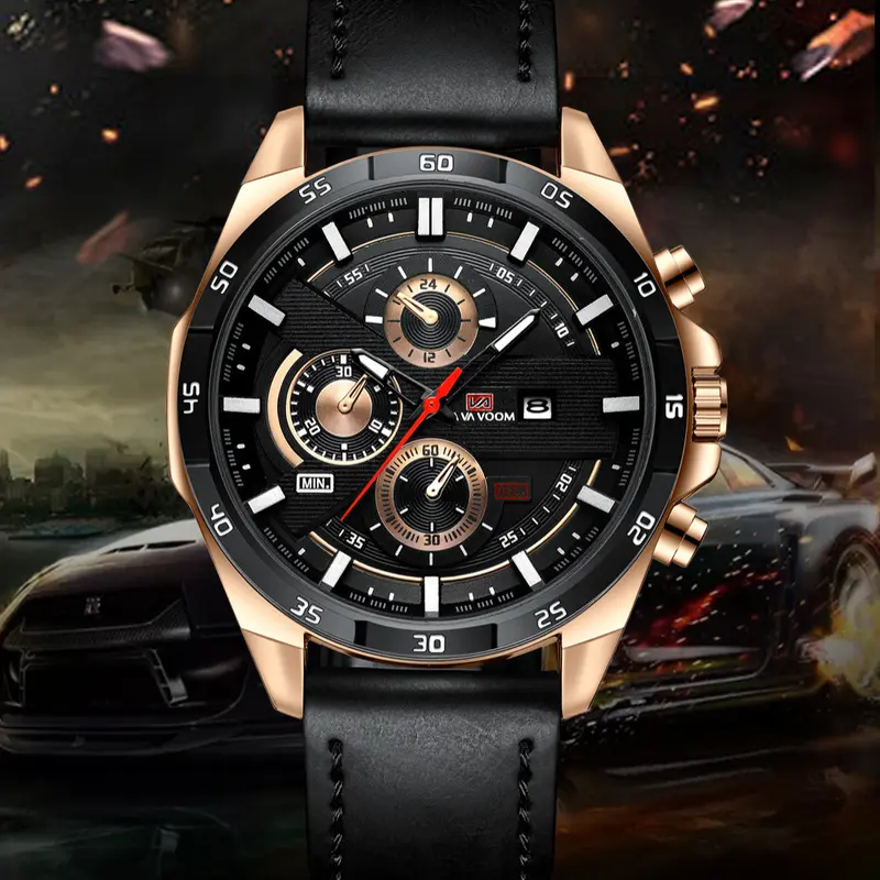Jam Tangan Pria Asli Tahan Air Premium Original Vavavoom Tali Kulit Import New model Terbaru Fashion Kasual Sporty Stainless Steel Anti Karat Quartz Analog Kalender Aktif Luminious Bercahaya Kaca Tebal Aksesoris Arloji Men Watches Cowok Formal Bisnis -JV1 3