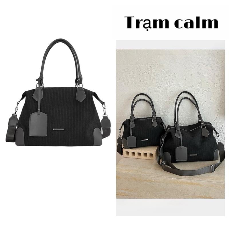 @tramcalm- Túi trống vải sọc unisex kèm dây đeo chéo 2 size có khoá