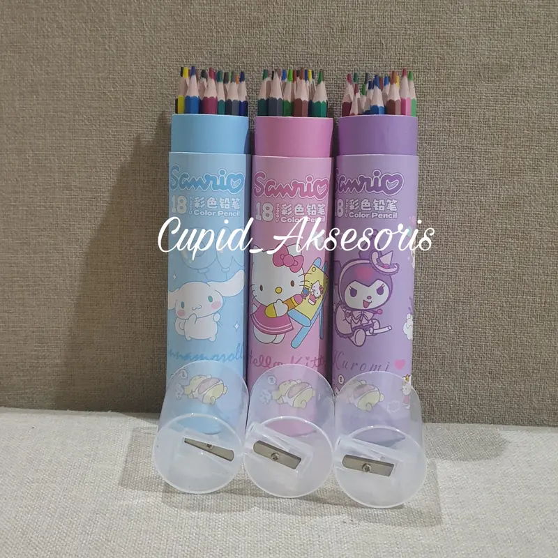 18 PCS PENSIL WARNA DENGAN TEMPAT PENSIL BULAT COLOR PENCIL + RAUTAN KUROMI HELLO KITTY CINNAMONROLL 1