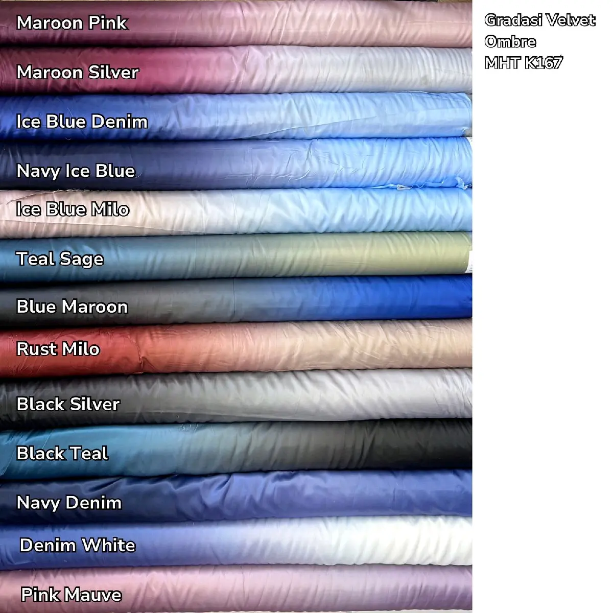 Kain Gradasi Velvet Ombre MHT K167 (Lebar 150cm-cocok untuk dress dan bridesmaid) Satin yang memiliki 2 perpaduan warna, yang menambah kesan elegan.