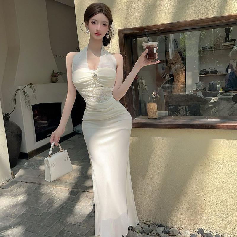 Đầm nữ cổ yếm hở lưng quyến rũ phong cách tiểu thư Pháp thiết kế độc đáo khí chất thanh lịch chiết eo đầm dự tiệc ôm hông dáng dài 8258