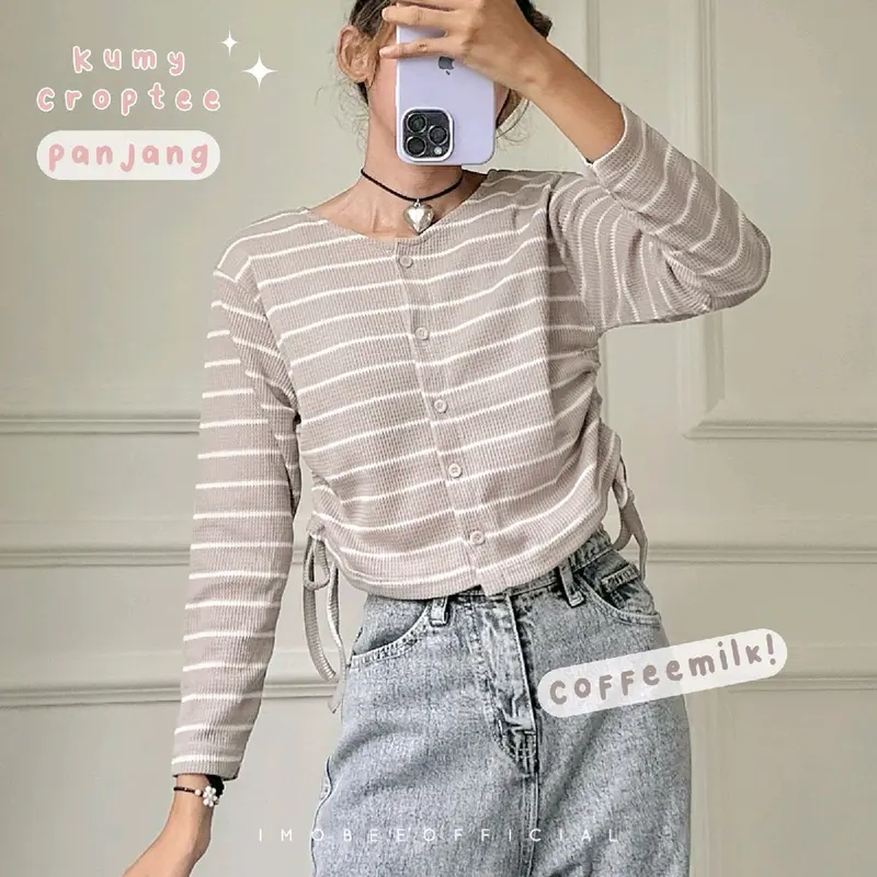 kumy crop stripe lengan panjang / atasan waffle garis crop / blouse serut korea 4