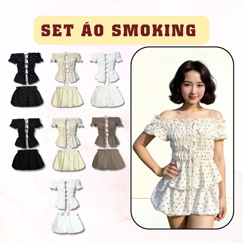Set Quần Shorts bí Chấm bi áo trễ vai nhún thun mặc nhiều kiểu SAIGONESE dành cho nữ