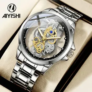 AIYISHI 1pc Men's Steel Strap Disc Quartz Watch, Transparent Bottom Cover 30m Life Waterproof Night Light Men's Watch, Men's Accessories