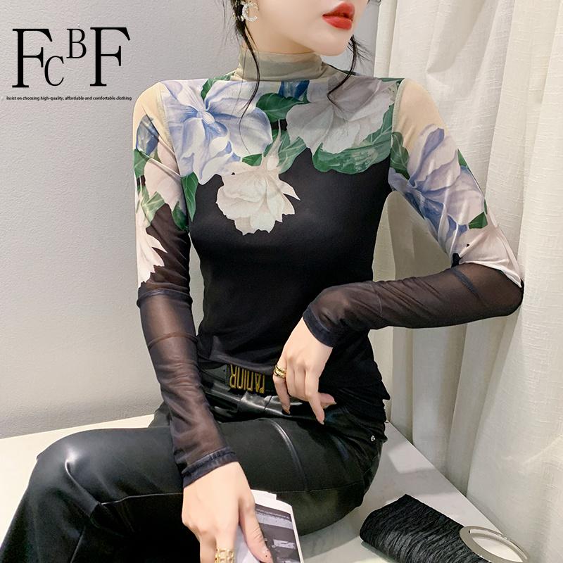 FCBF-Áo Thun Cao Cổ Co Giãn Cao, Áo Lớp Đế Lưới In Hoa Định Vị, Áo Thun Dài Tay Thời Trang Phong Cách Mới Mùa Thu Và Mùa Đông 2025 Shirt Nữ Top Kem Women Voi Voan Tay Loe Sơ Mi