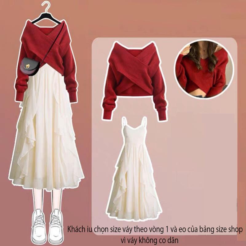 Set áo váy nữ SunStore áo len vạt chéo chất len dày mềm mịn phối váy maxi hai dây voan lụa nhiều lớp bồng bềnh có size lớn Top Women Dài Tay Kem - Đỏ Đô set botieuthu