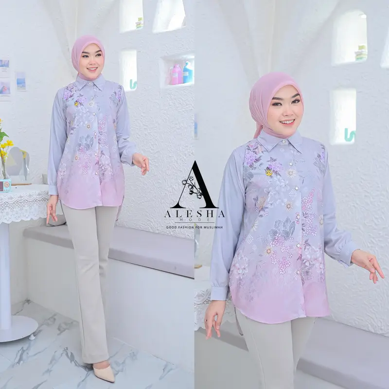 Blouse Tunik Silk Silky Premium Motif Etnik Monogram by Alesha Mode - RANISYA - Lembut, Muslim, Busui 8
