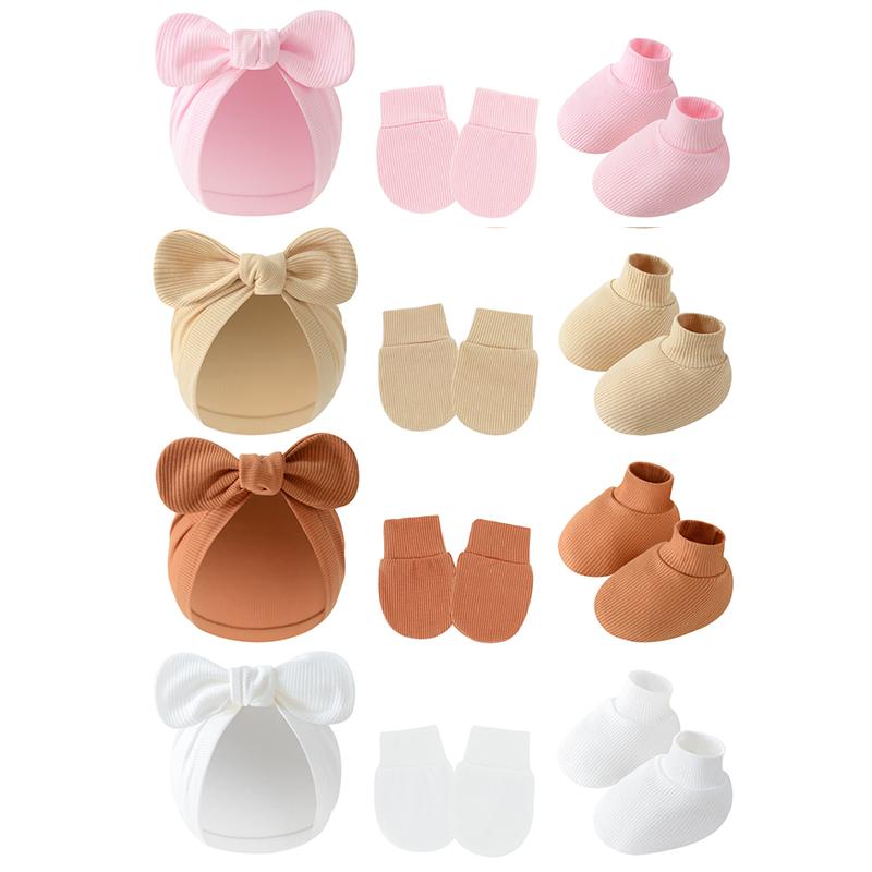 Bộ Mũ Găng Tay Tất Cho Em Bé Bộ 3 Chiếc, Thiết Kế Thắt Nơ Dễ Thương, Màu Trơn Thích Hợp Cho Trẻ Sơ Sinh, Trẻ Sơ Sinh Và Trẻ Mới Biết Đi, Mũ Mềm Cho Bé Trai Và Bé Gái, Kiểu Mũ Len