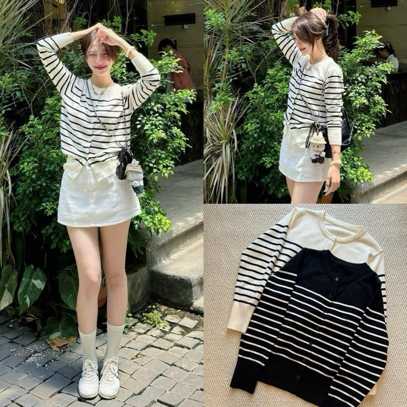 (ẢNH OLDSCHOOL) Áo len cardigan kẻ ngang cúc mở CHẤT DÀY DẶN A5201