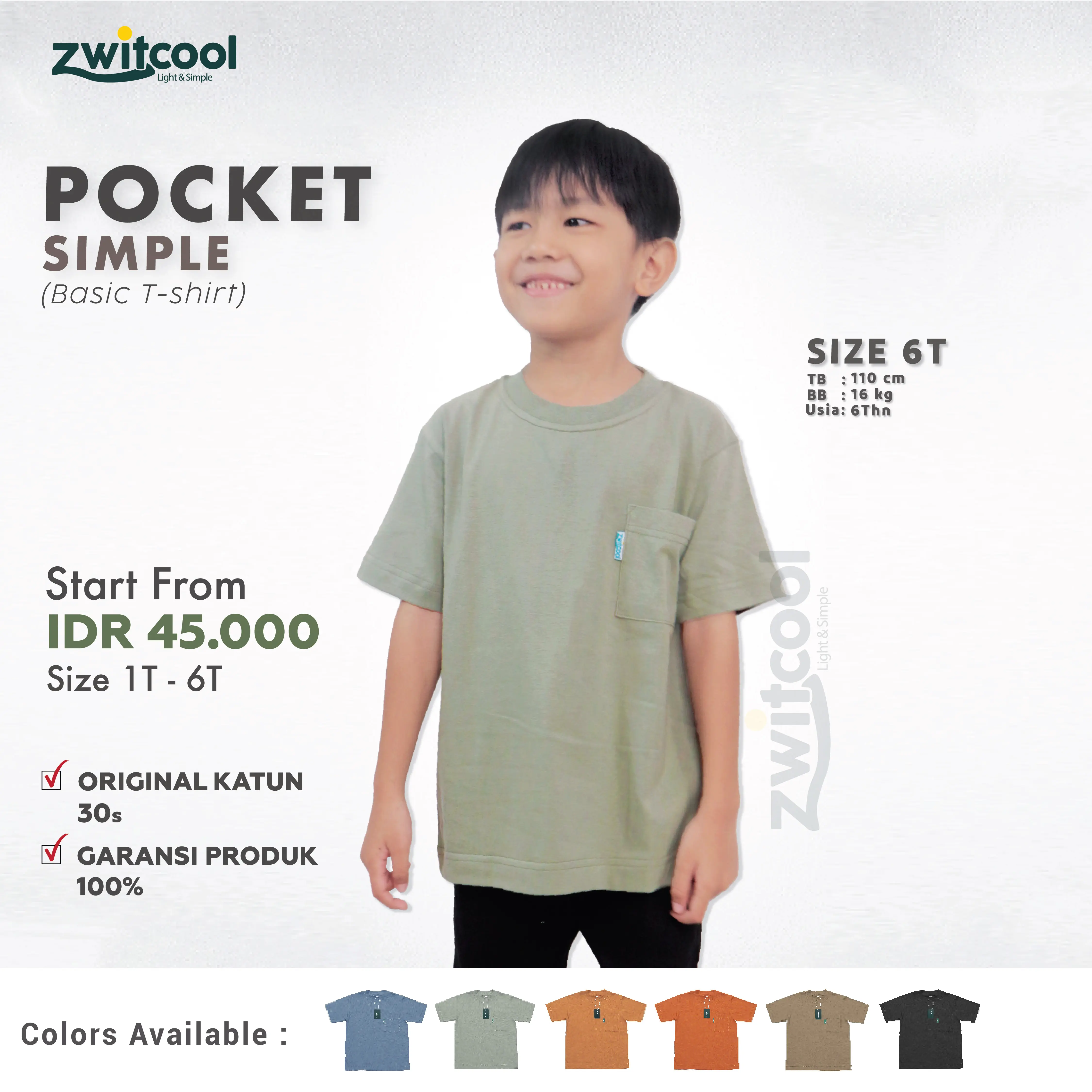 Zwitcool Pocket Simple (Kaos Anak Basic T- Shirt) 1-6 Tahun